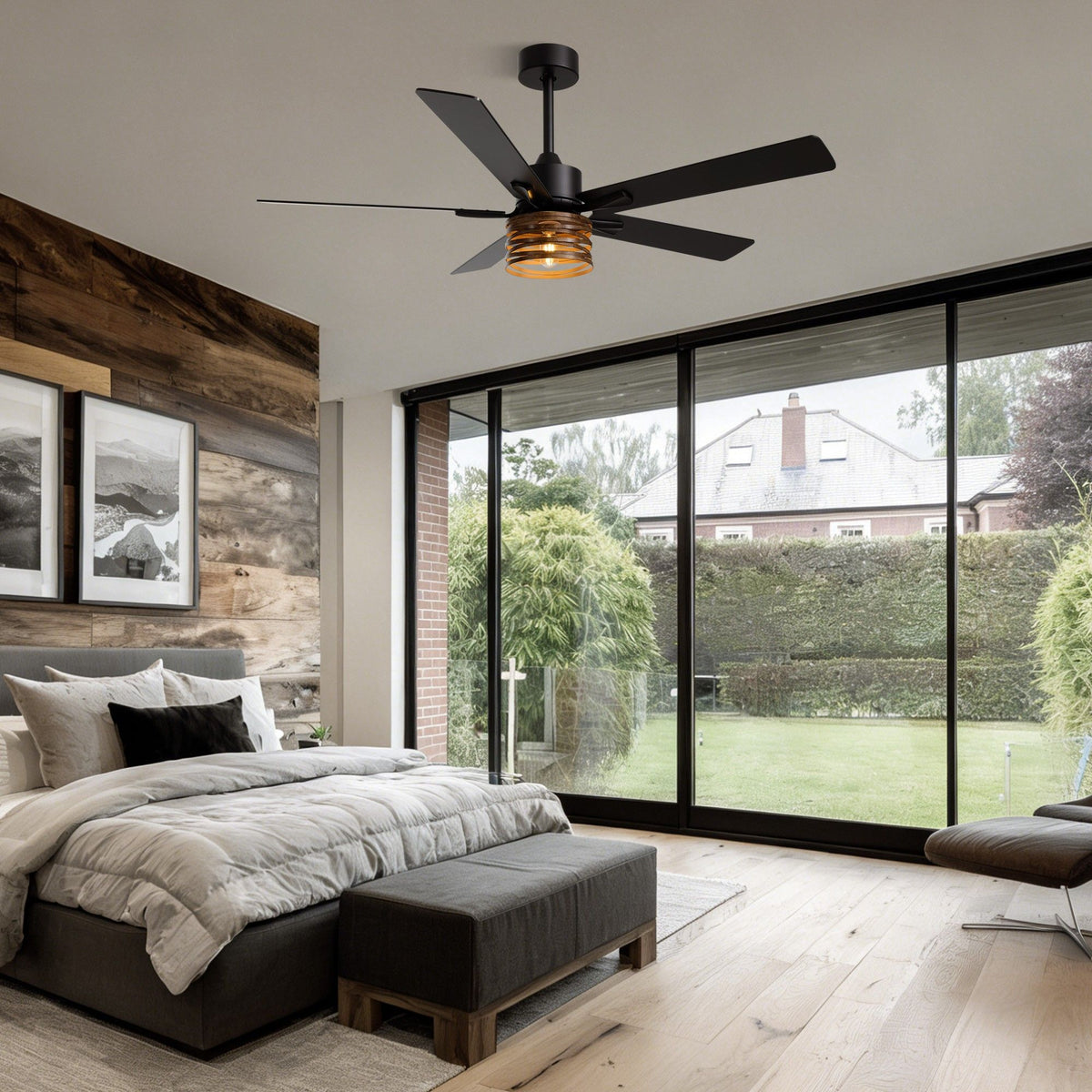 52" farmhouse ceiling fan in modern bedroom — grey upholstered bed, black nightstands, large windows with lawn view, wood beam ceiling, black and white wall art | Sofary Lighting
