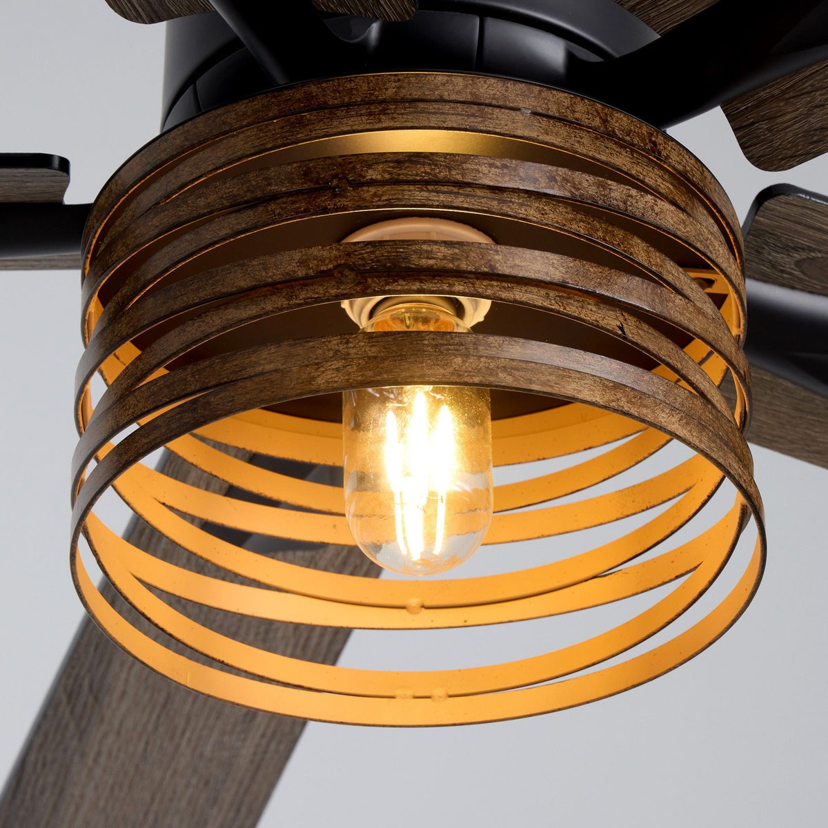 Close-up of amber ribbed glass light shade and black motor housing — vintage Edison bulb glow, gold interior reflector, industrial farmhouse craftsmanship | Sofary Lighting