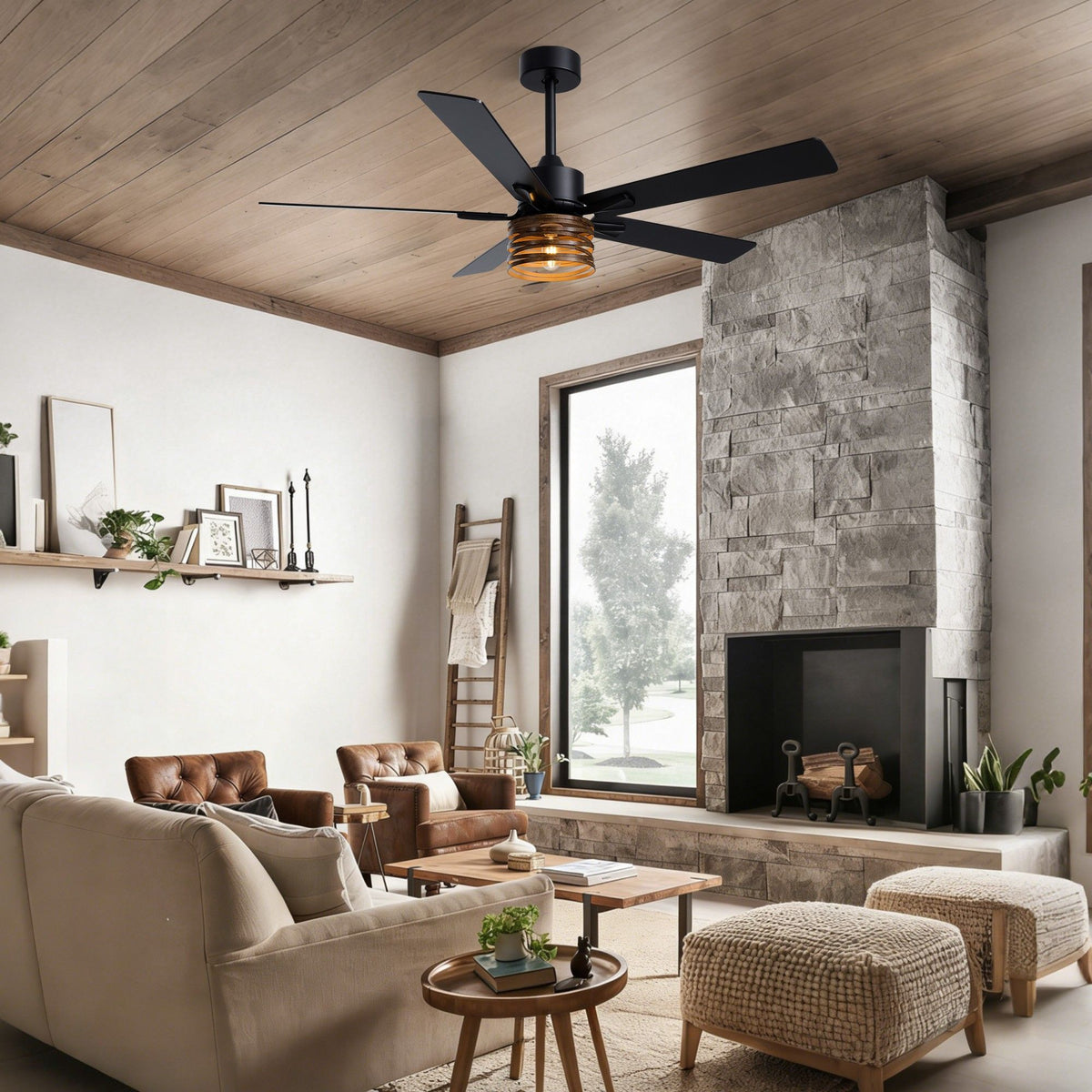 52" farmhouse ceiling fan in living room — beige sofa, cognac leather armchair, wood coffee table, stone fireplace, wood beam ceiling, modern rustic decor | Sofary Lighting