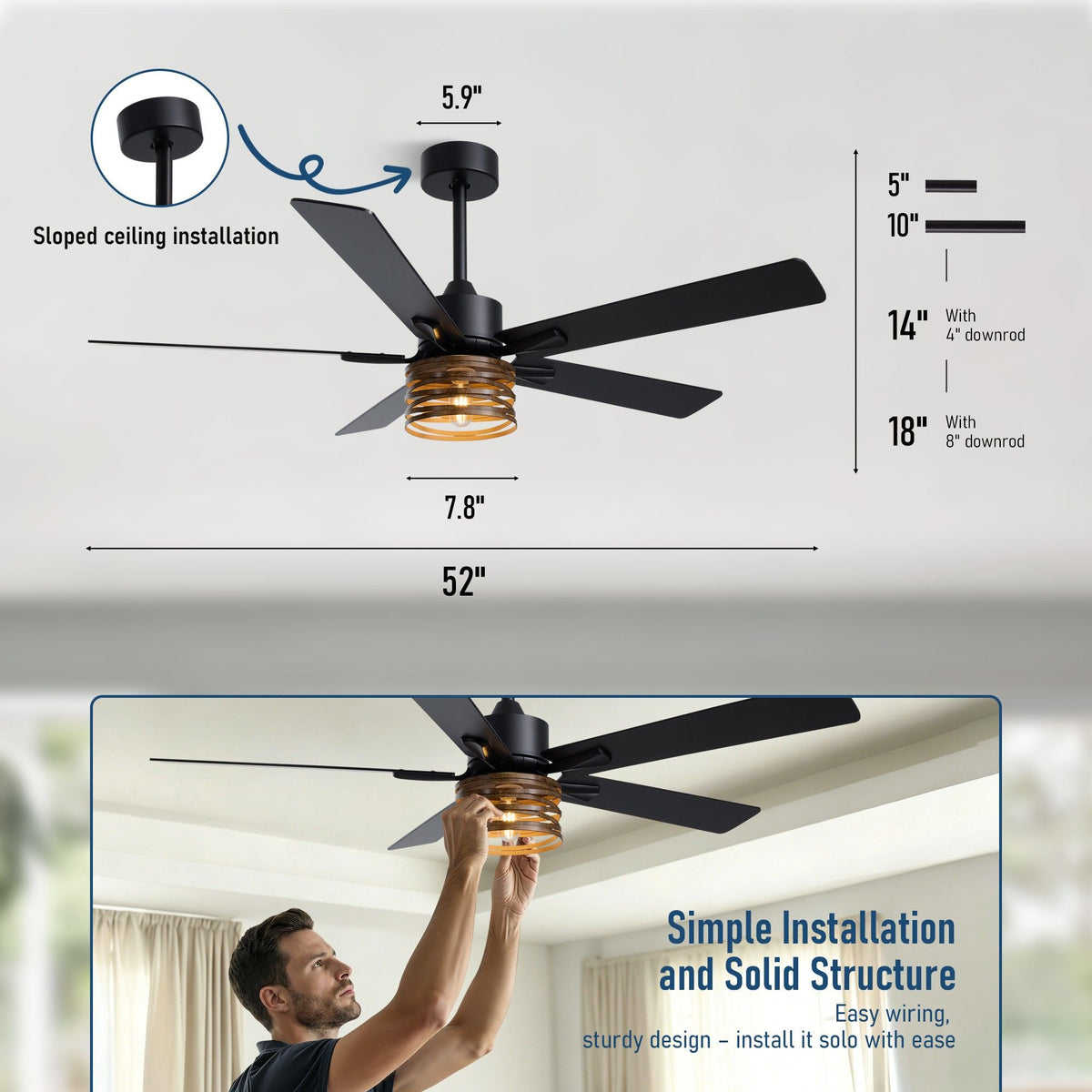 52" Industrial Farmhouse Ceiling Fan dimensions and installation — 52" blade span, canopy 5.9", light shade 7.8", height 5" flush / 10" / 14" with 4" downrod / 18" with 8" downrod, sloped ceiling compatible, simple installation solid structure, easy wiring solo install | Sofary Lighting