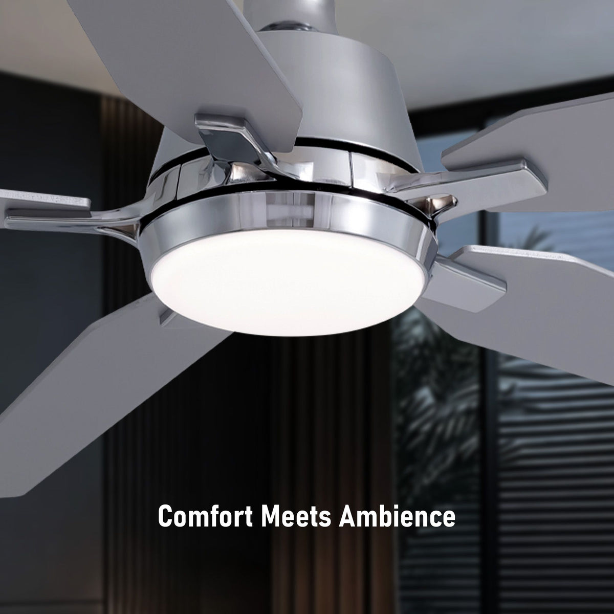 Comfort meets ambience — chrome 5-blade fandelier, soft LED glow, silver metallic finish, modern elegant atmosphere