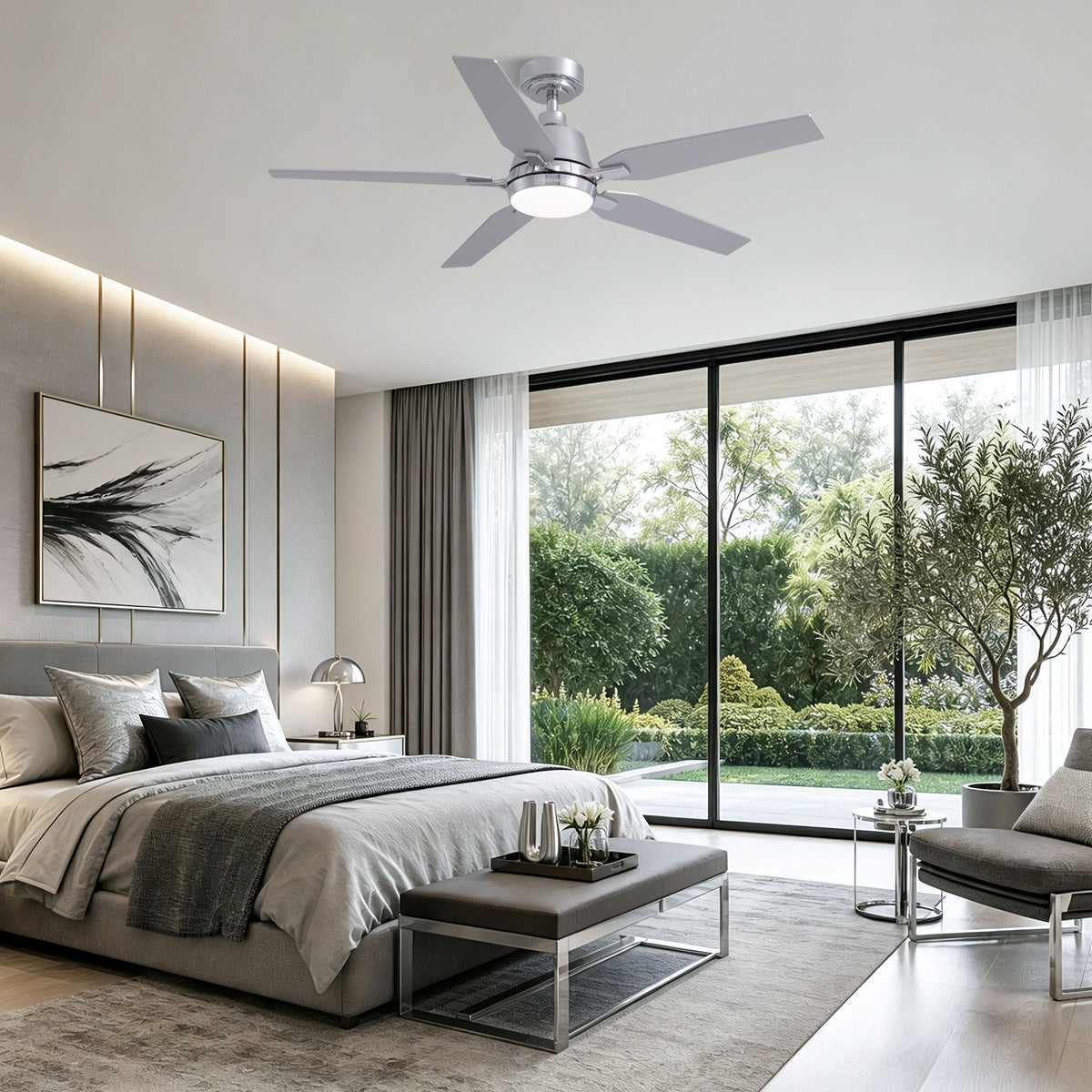 Chrome fandelier in modern bedroom — gray bedding, floor-to-ceiling windows, neutral decor, quiet cool comfort for restful sleep