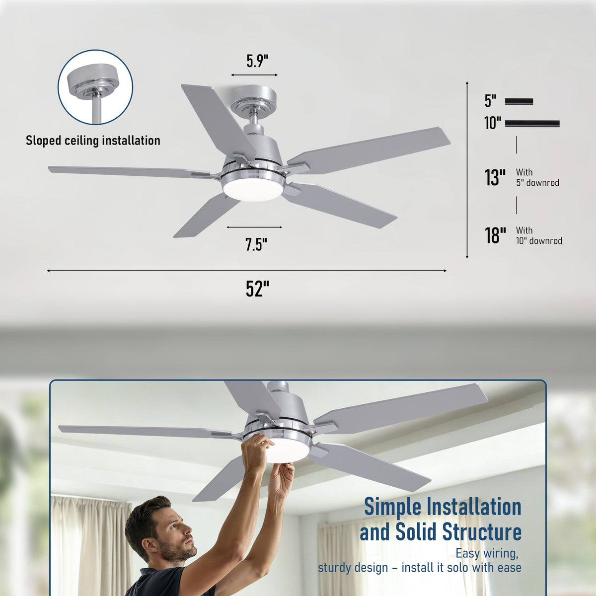 52" chrome fandelier dimensions — 52" blade span, 7.5" light diameter, 5.9" canopy, 13" height (5" downrod), 18" height (10" downrod), sloped ceiling compatible | Sofary Lighting