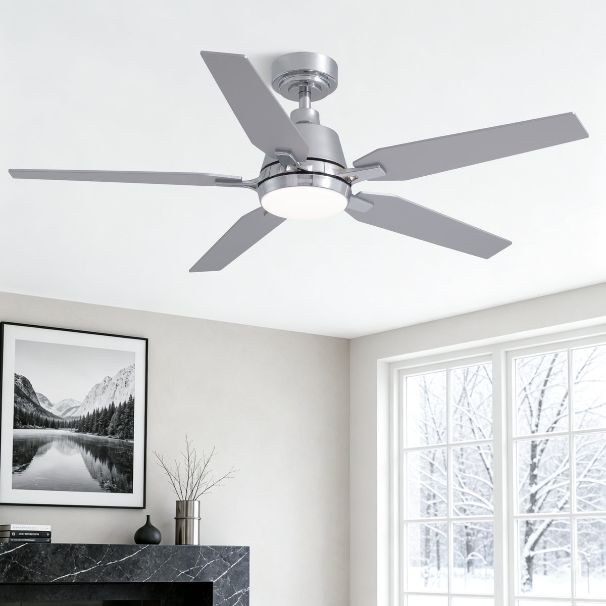 52" Modern Chrome Ceiling Fan with Light — 5-Blade Fandelier, silver chrome finish, integrated LED light, sleek modern design, quiet DC motor