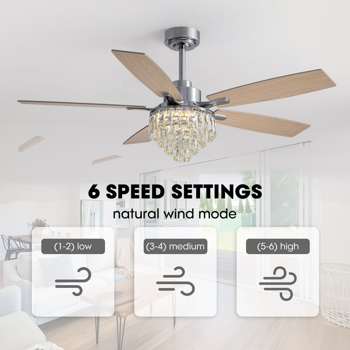 6 speed settings ceiling fan — 1-2 low, 3-4 medium, 5-6 high, natural wind mode, customizable airflow | Sofary Lighting
