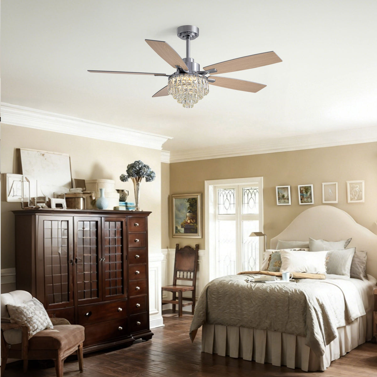 Bedroom with crystal chandelier ceiling fan — warm tones, wood furniture, cozy classic decor, quiet comfort | Sofary Lighting
