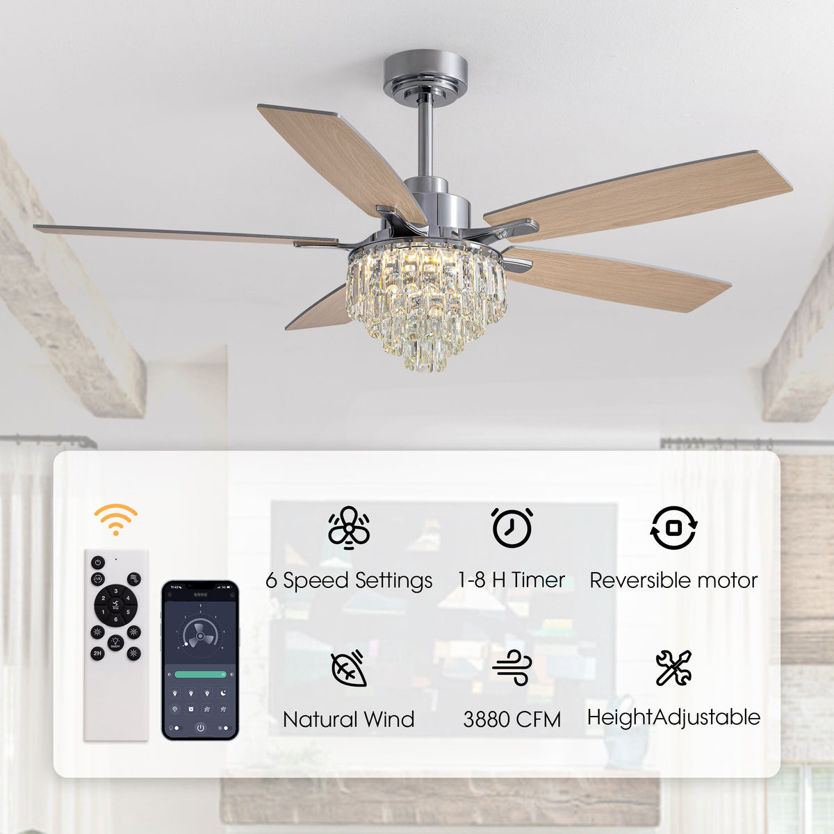 Smart chrome crystal ceiling fan features — remote & app control, 6 speeds, 1-8H timer, reversible motor, natural wind, 3880 CFM, height adjustable | Sofary Lighting