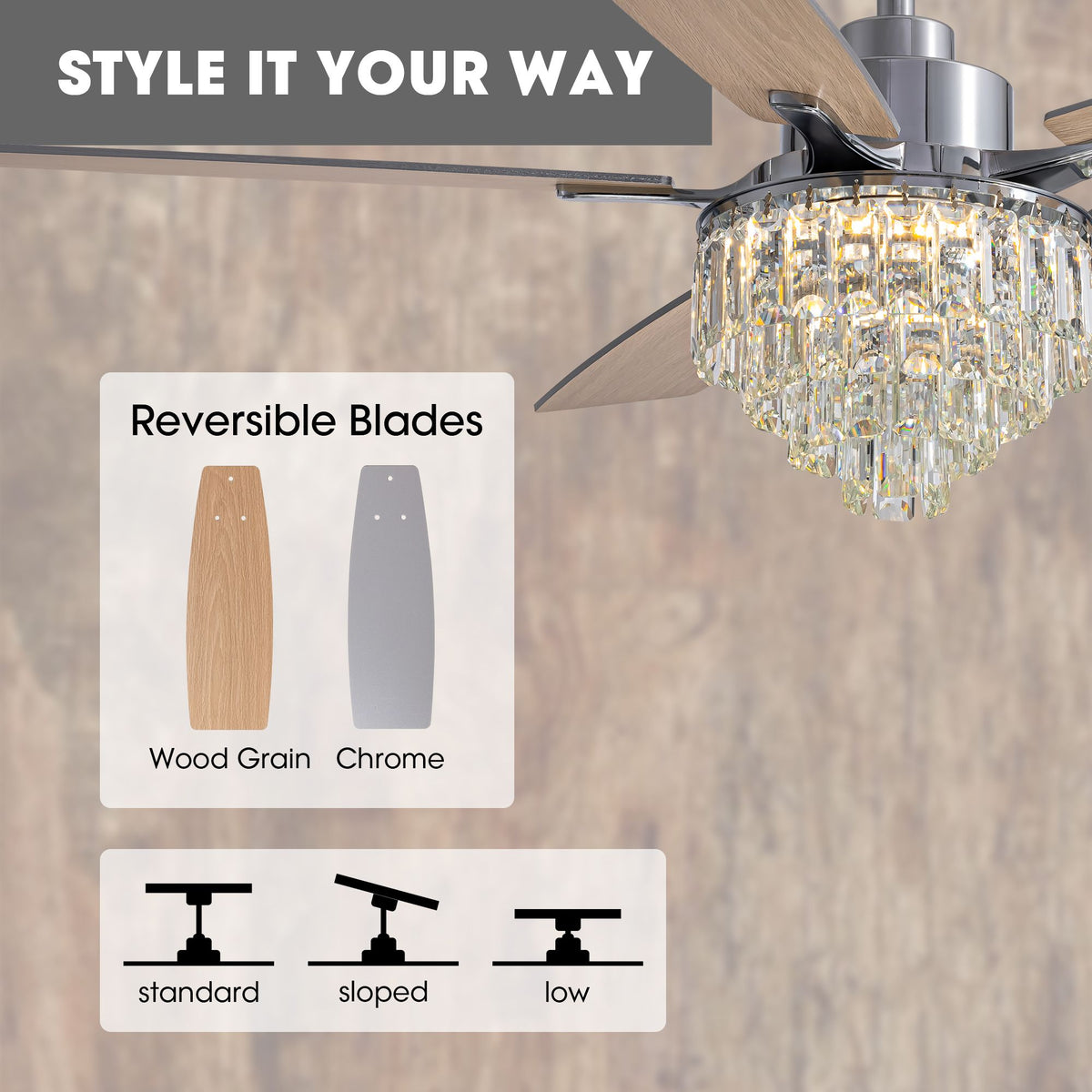 Reversible blades wood grain & chrome finish, compatible with standard/sloped/low ceilings, versatile crystal fandelier styling | Sofary Lighting