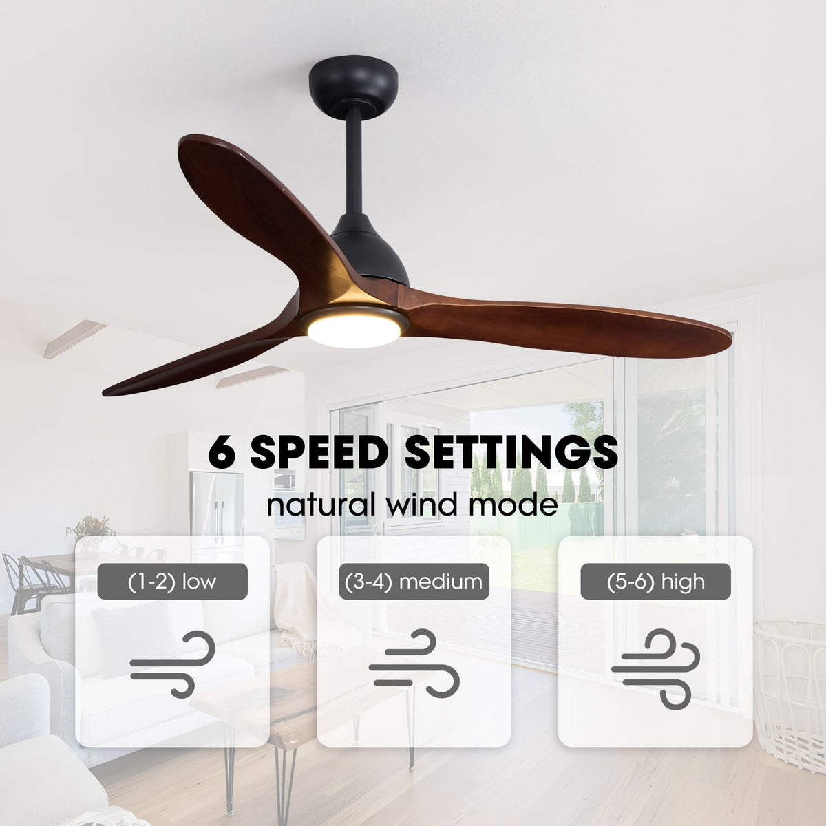 6 speed settings ceiling fan — 1-2 low, 3-4 medium, 5-6 high, natural wind mode, customizable airflow for large rooms | Sofary Lighting
