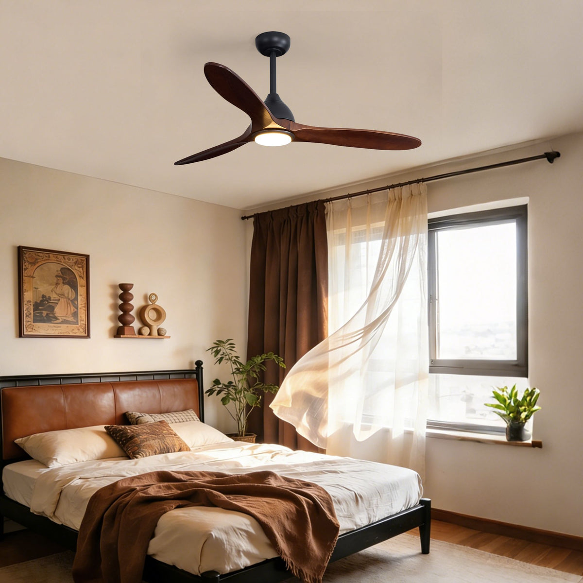 Wood blade ceiling fan in bedroom — leather bed, flowing curtains, warm LED glow, quiet comfortable sleep | Sofary Lighting