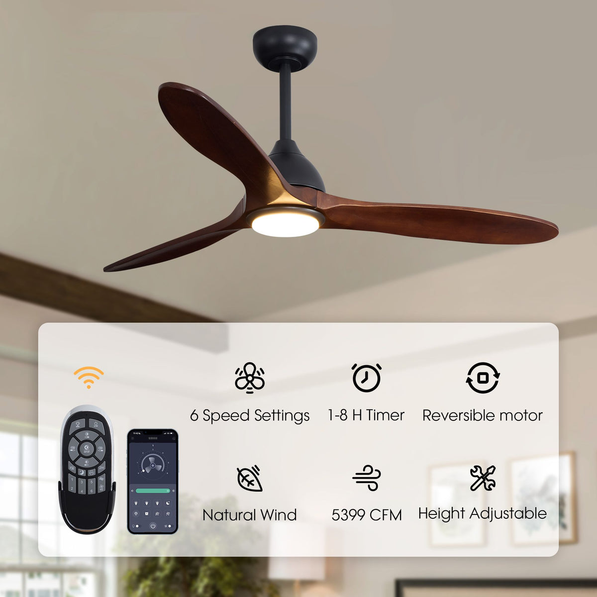 Ceiling fan features — remote & app control, 6 speeds, 1-8H timer, reversible motor, natural wind, 5399 CFM, height adjustable | Sofary Lighting
