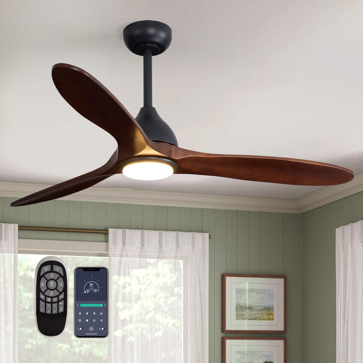 52" Modern Solid Wood Blade Ceiling Fan with LED Light — 3 dark wood blades, black and gold motor, integrated LED, remote & app control, modern farmhouse style | Sofary Lighting