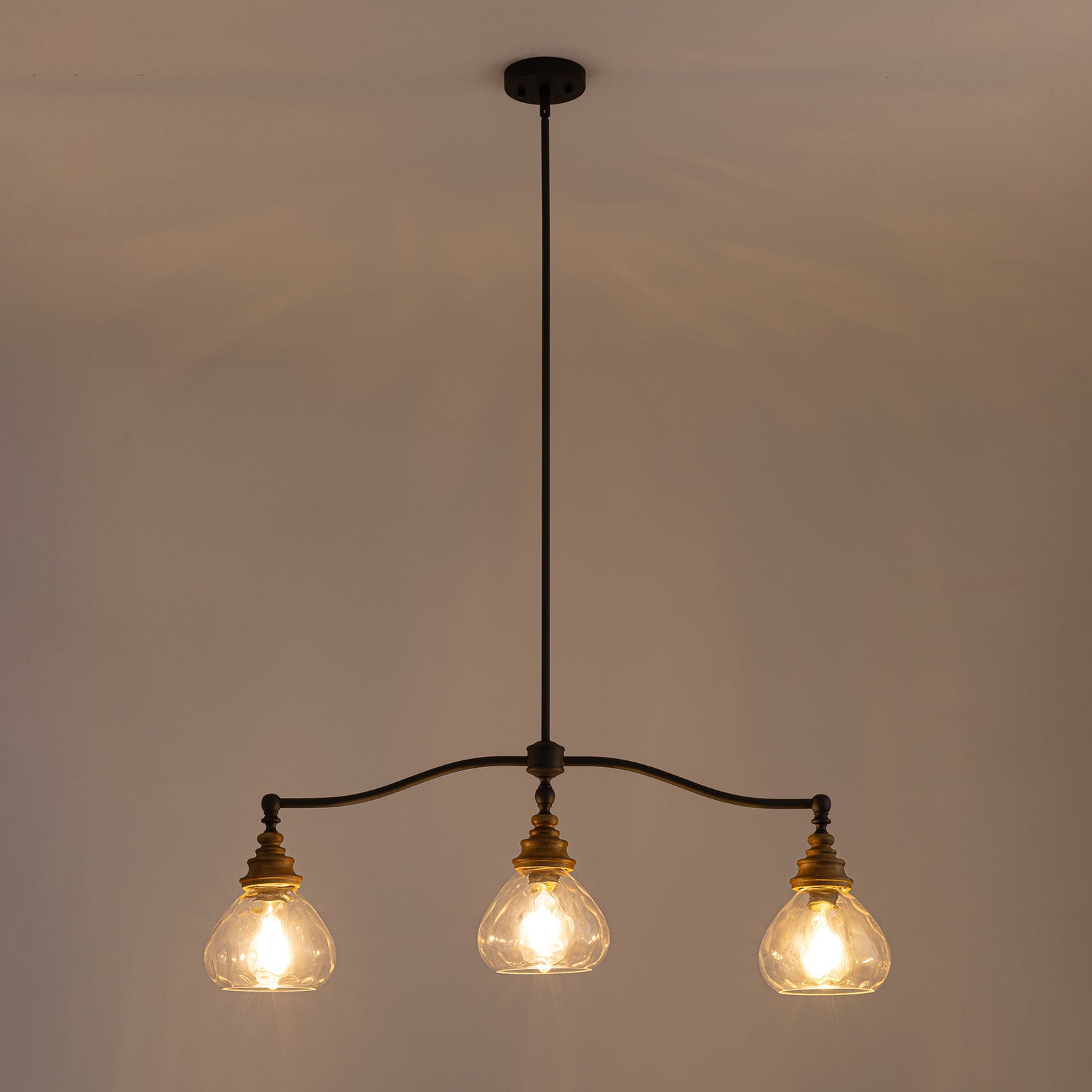 Brinley Vintage Farmhouse Bronze Clear Ripple Glass 3-Light Linear Chandelier