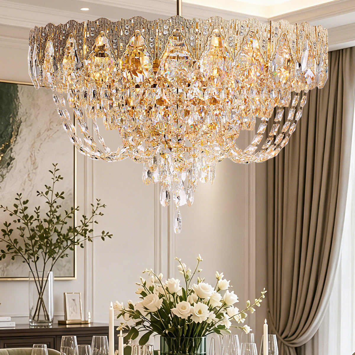 Auremont Classic Luxury Gold Crystal Cascading Round Chandelier