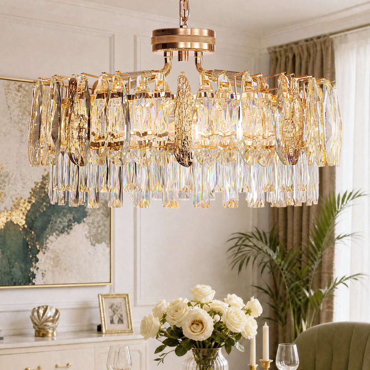 Delvienne Modern Luxury Gold Crystal Double-Tier Round Chandelier