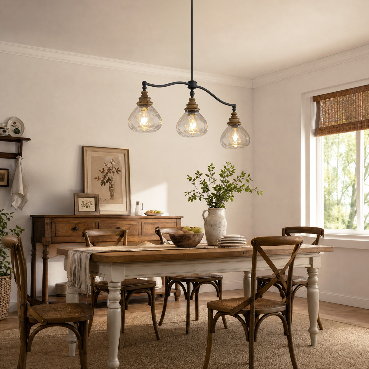 Brinley Vintage Farmhouse Bronze Clear Ripple Glass 3-Light Linear Chandelier