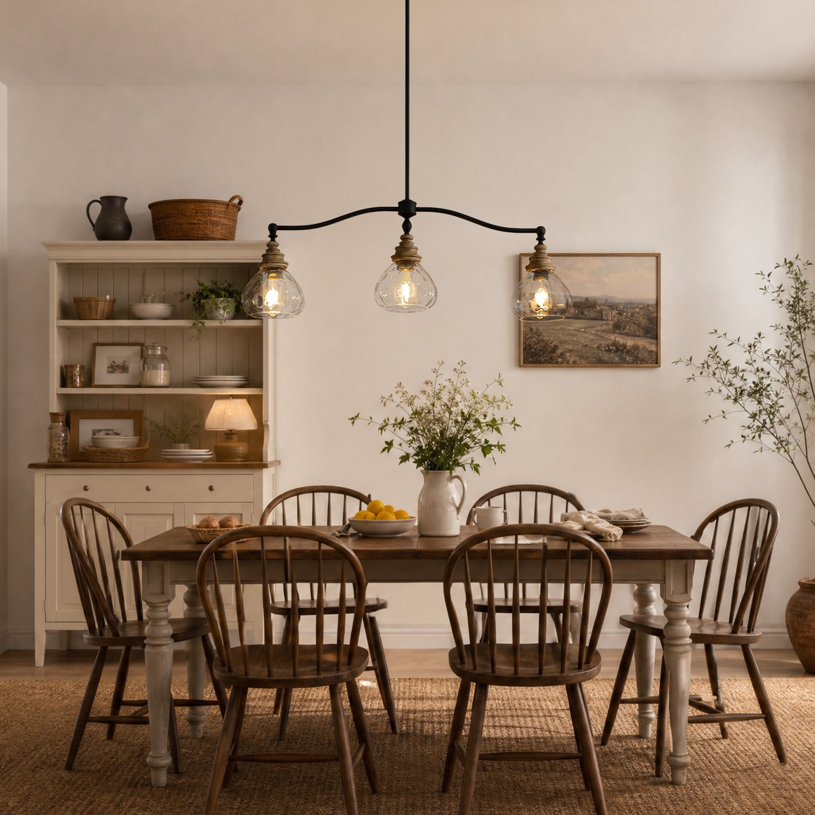 Brinley Vintage Farmhouse Bronze Clear Ripple Glass 3-Light Linear Chandelier