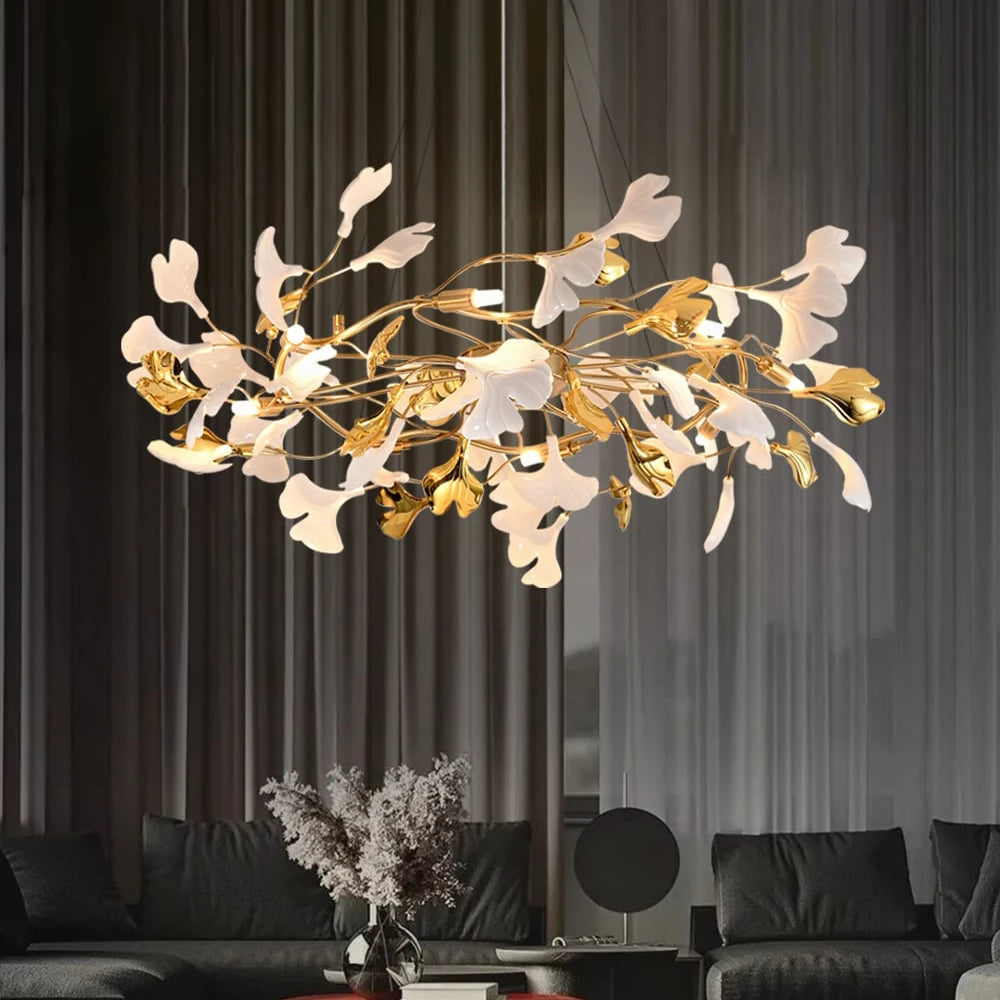 8-Light Art Deco Ginkgo Leaves Chandelier White & Gold Metal Ceiling Light Main Page-Sofary Light