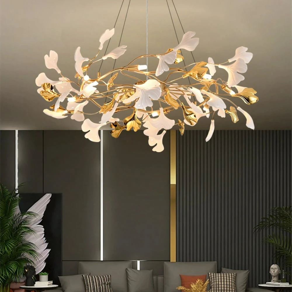 8-Light Art Deco Ginkgo Leaves Chandelier White & Gold Metal Ceiling Light Scene Graph- Sofary Light
