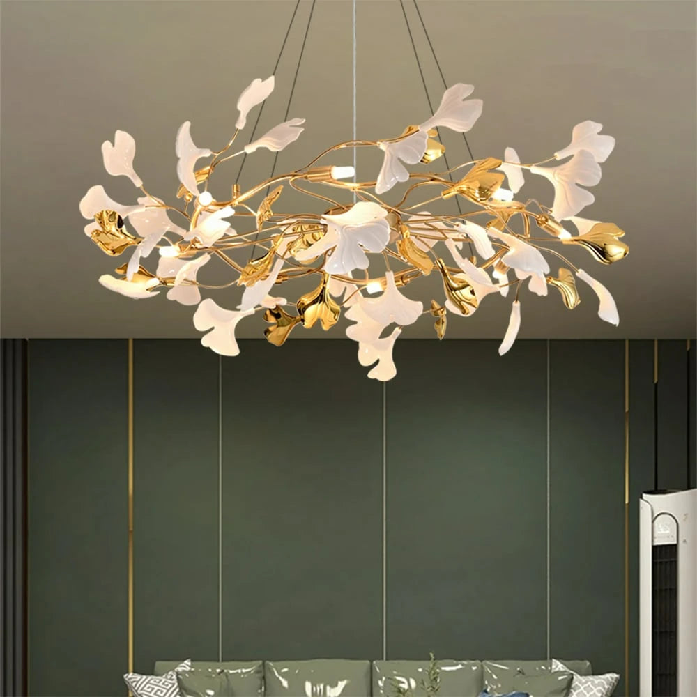 8-Light Art Deco Ginkgo Leaves Chandelier White & Gold Metal Ceiling Light Scene Graph- Sofary Light