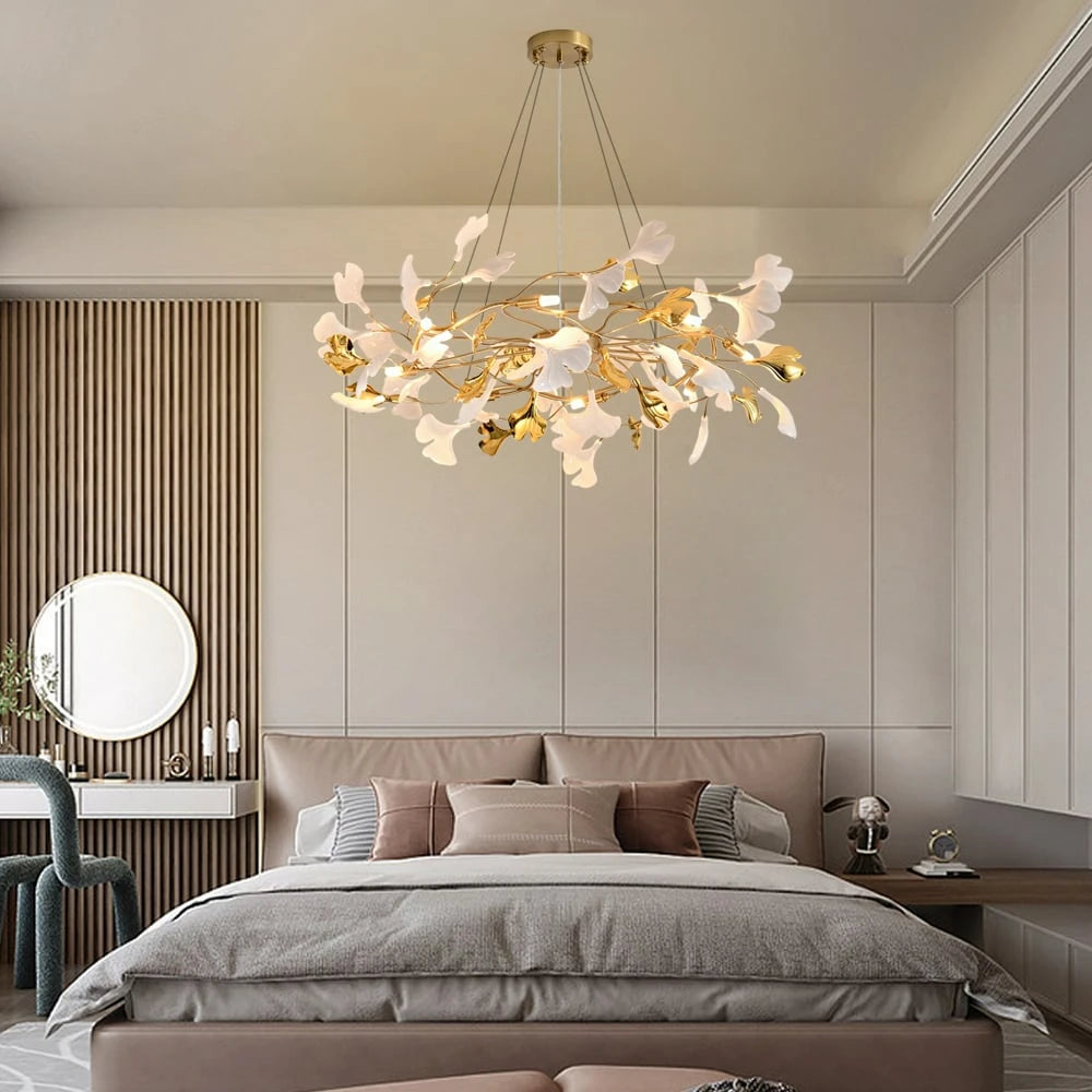 8-Light Art Deco Ginkgo Leaves Chandelier White & Gold Metal Ceiling Light Scene Graph- Sofary Light