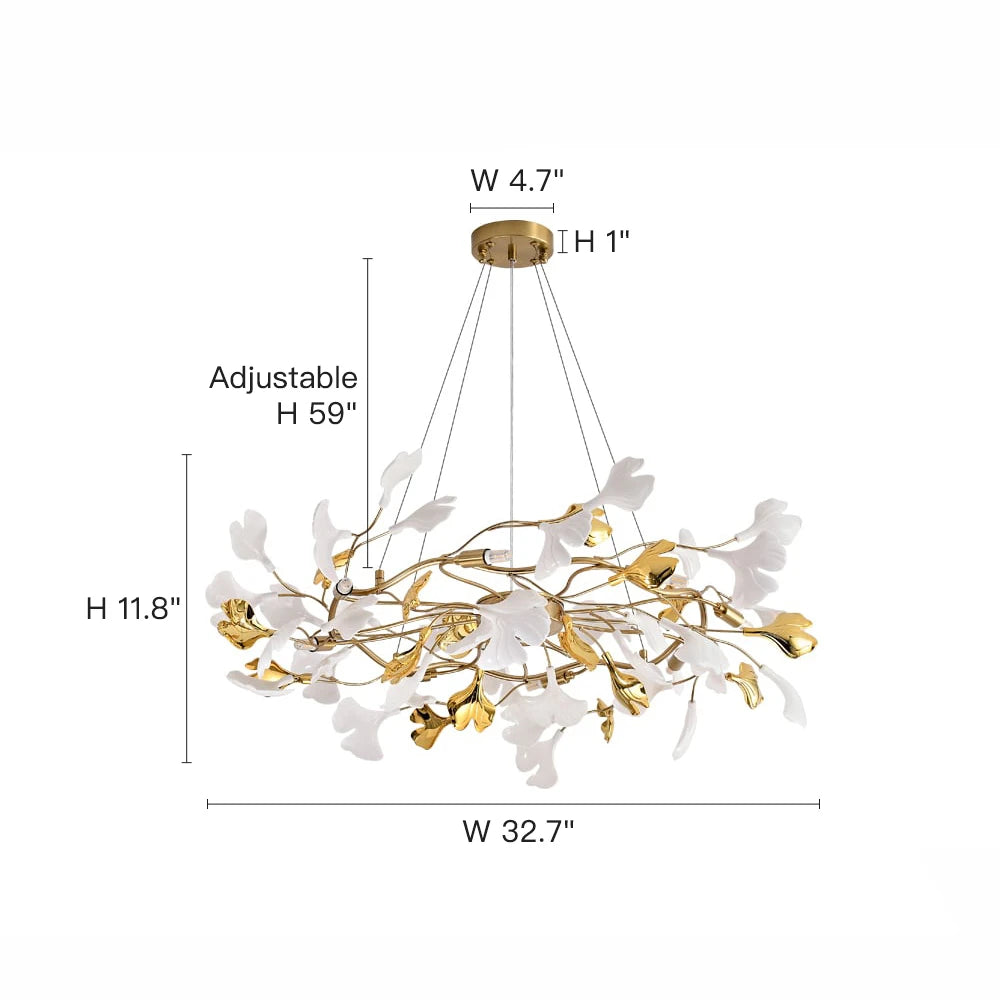 8-Light Art Deco Ginkgo Leaves Chandelier White & Gold Metal Ceiling Light Size- Sofary Light