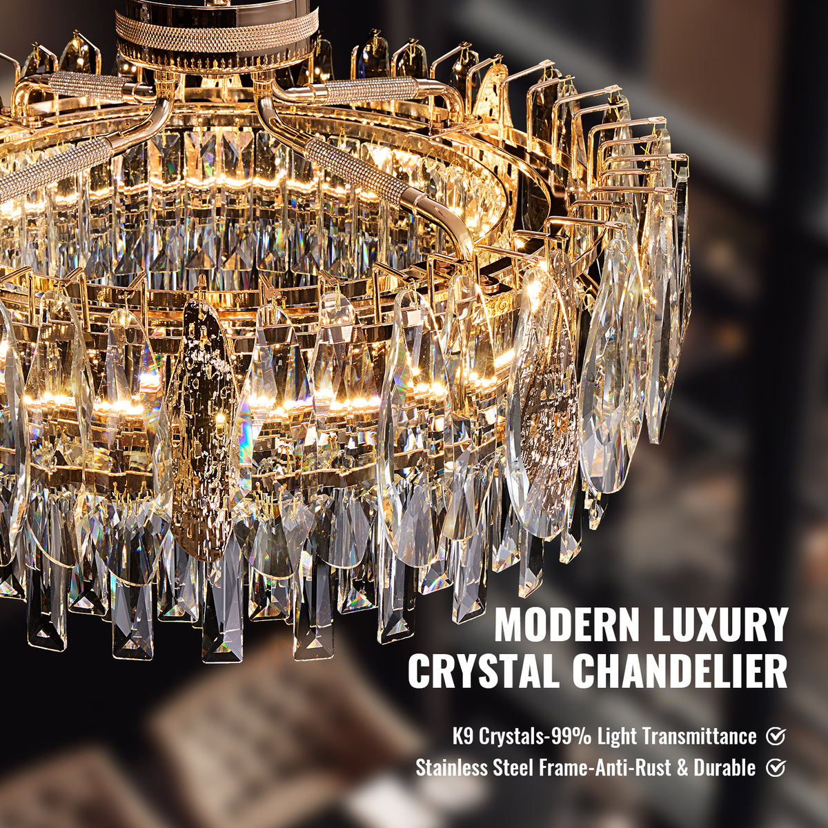 Delvienne Modern Luxury Gold Crystal Double-Tier Round Chandelier