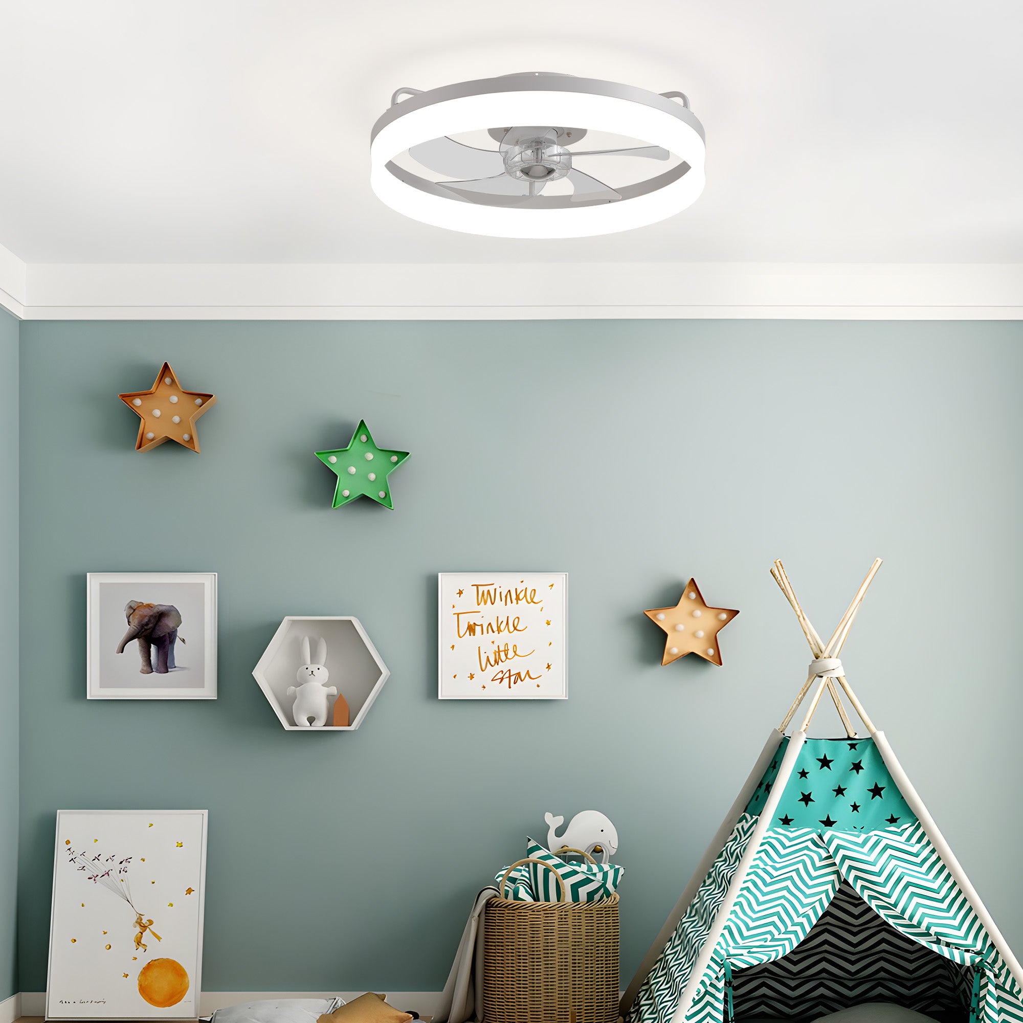 Aeros 19.69" Modern White Low Profile Caged Ceiling Fan with LED Light