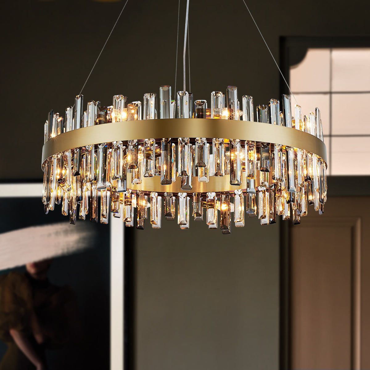 Aurum Luxury Modern Gold Brass clear and grey Crystal Round Chandelier ...