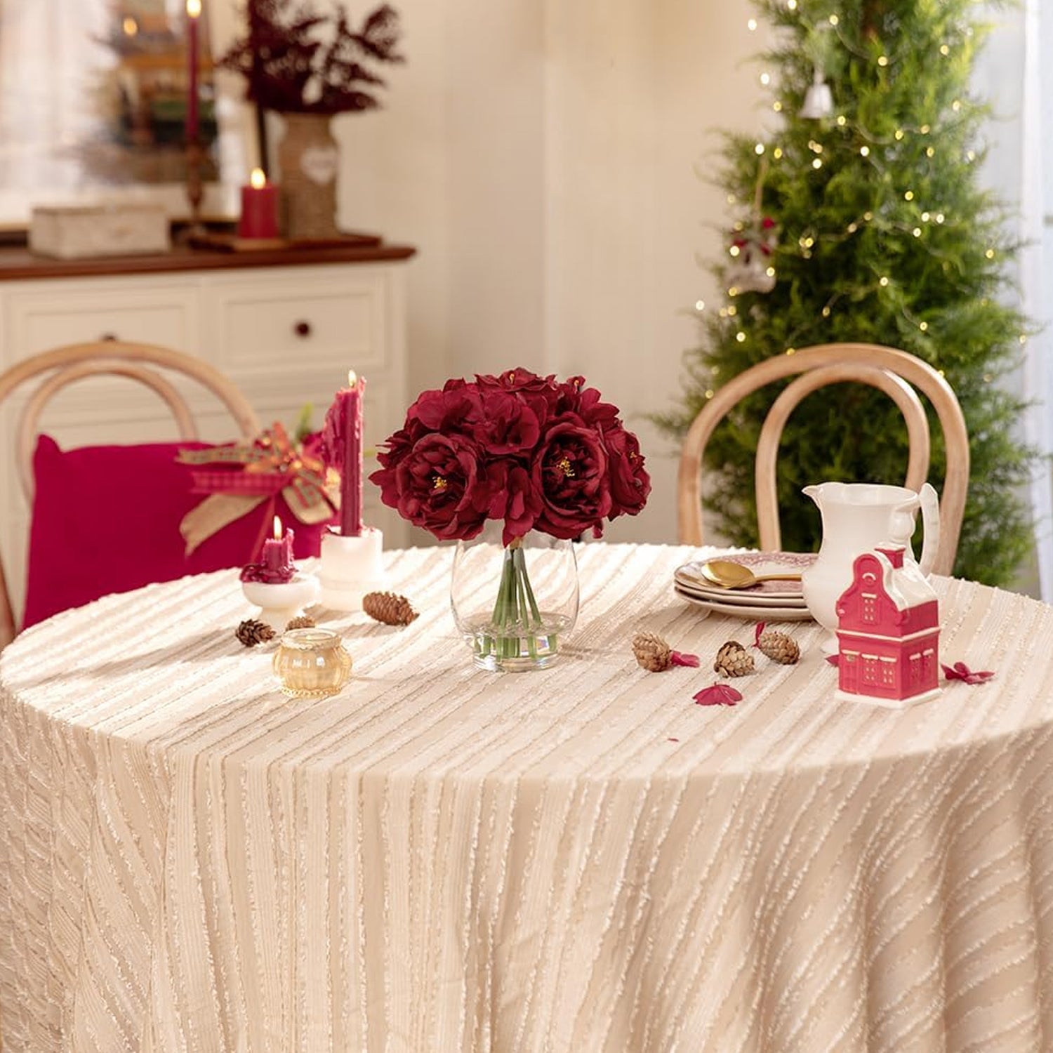 Artificial Red Peonies in Glass Vase with Faux Water – Elegant Table Centerpiece