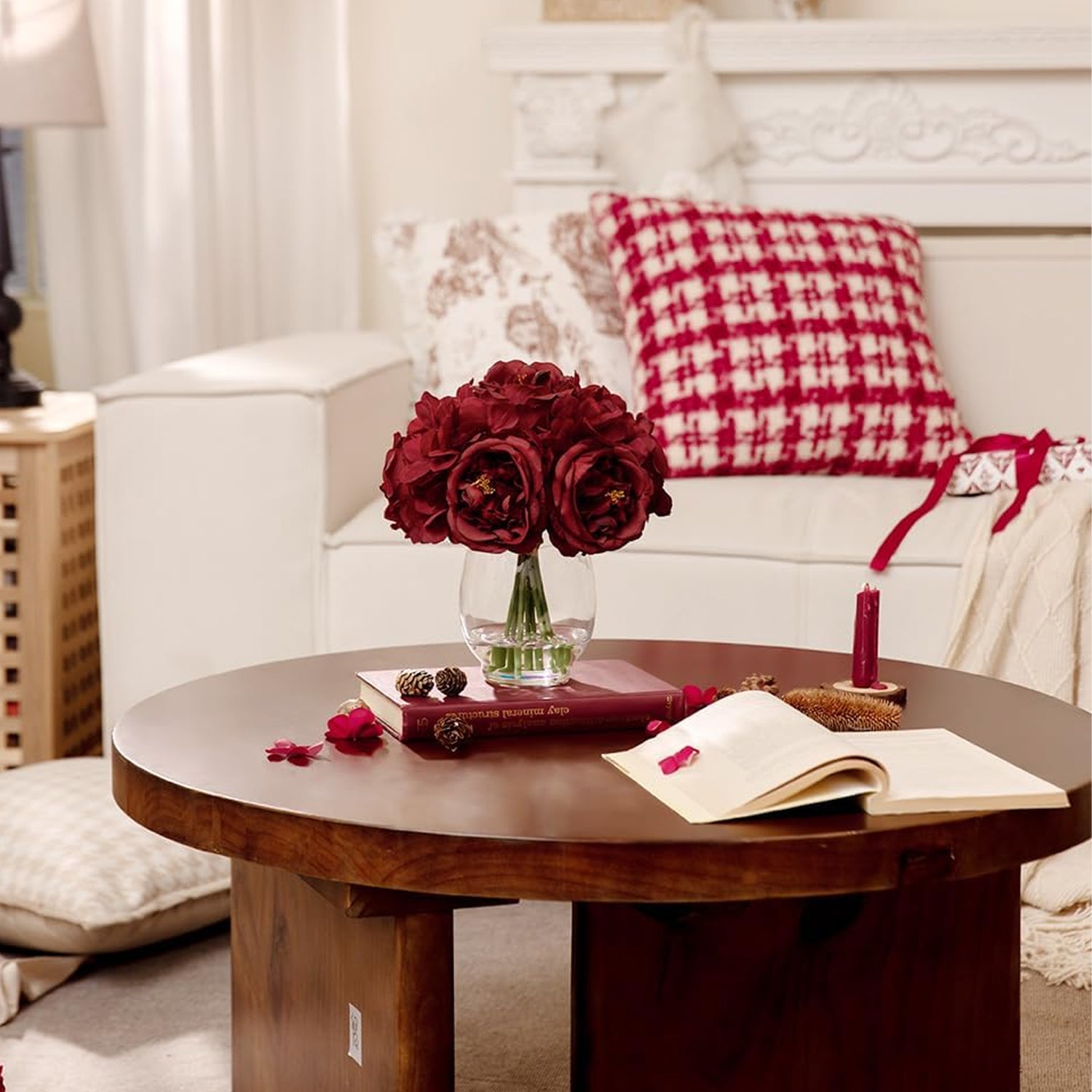 Artificial Red Peonies in Glass Vase with Faux Water – Elegant Table Centerpiece