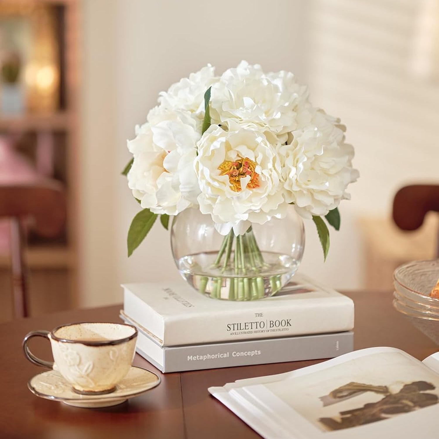 Artificial White Peonies in Glass Vase with Faux Water – Elegant Table Centerpiece