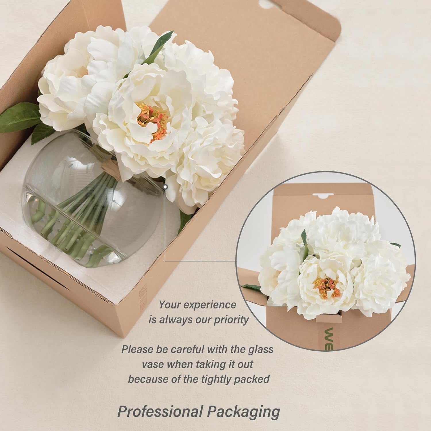 Artificial White Peonies in Glass Vase with Faux Water – Elegant Table Centerpiece