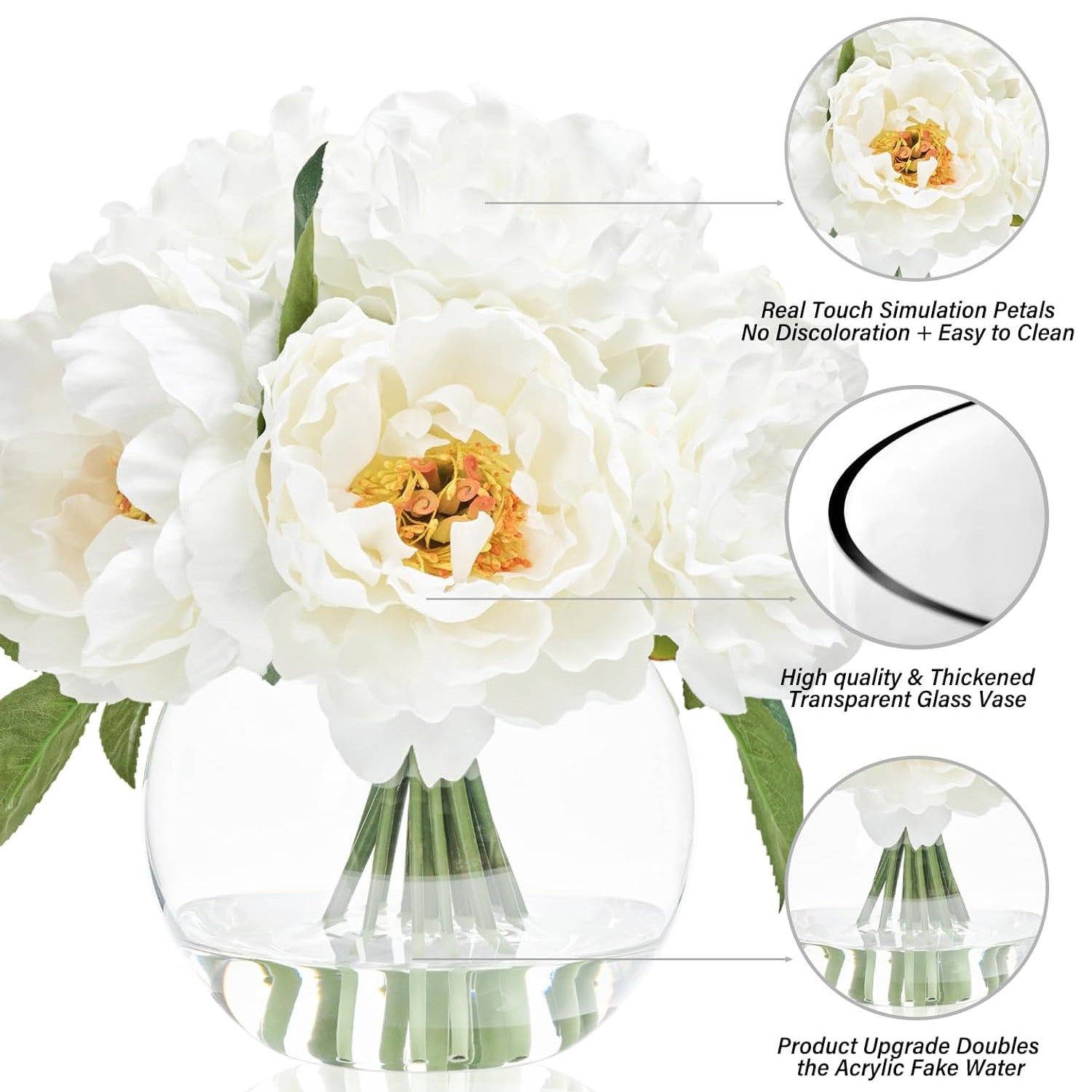 Artificial White Peonies in Glass Vase with Faux Water – Elegant Table Centerpiece