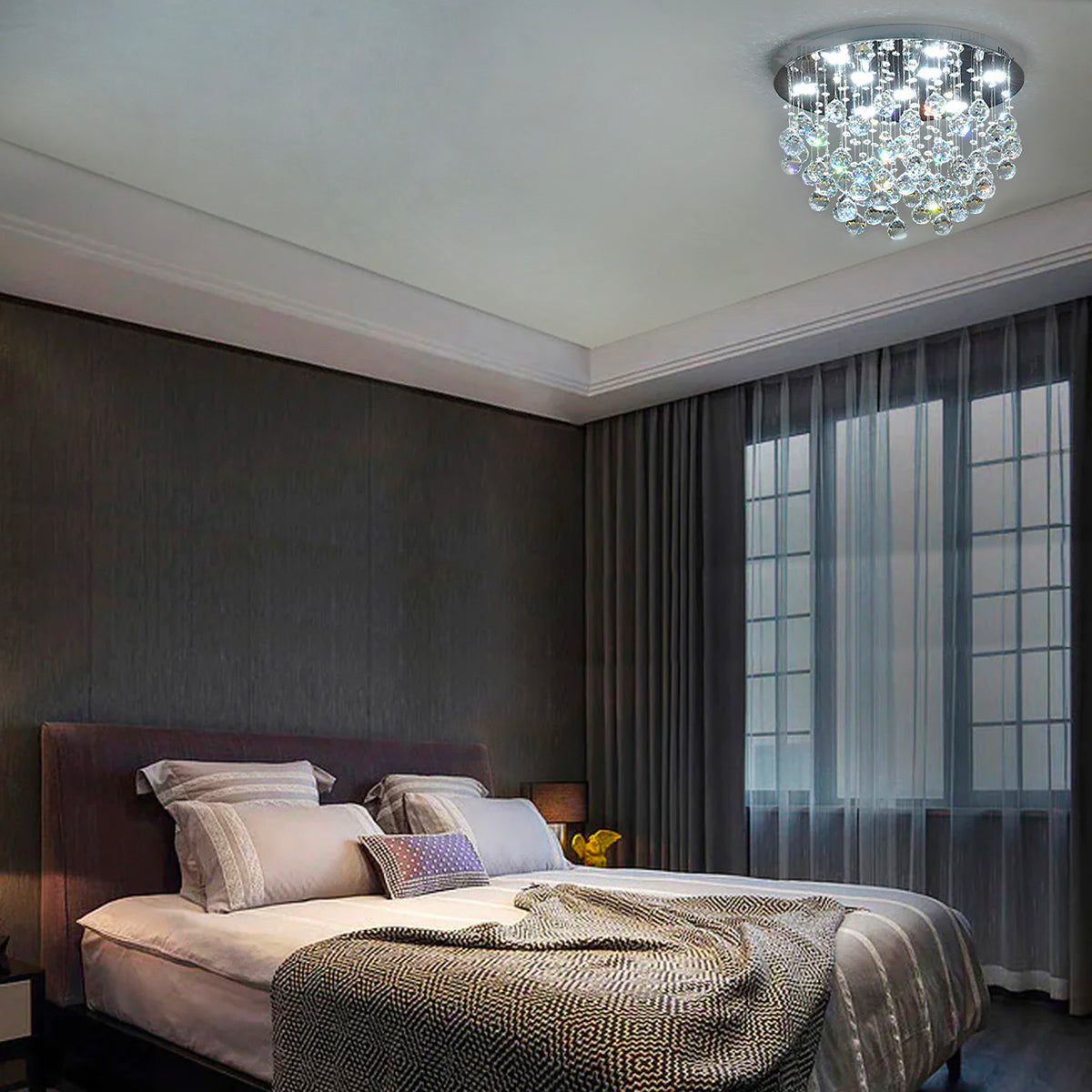 Modern Flush Mount Crystal Chandelier for Bedroom Ceiling Lights