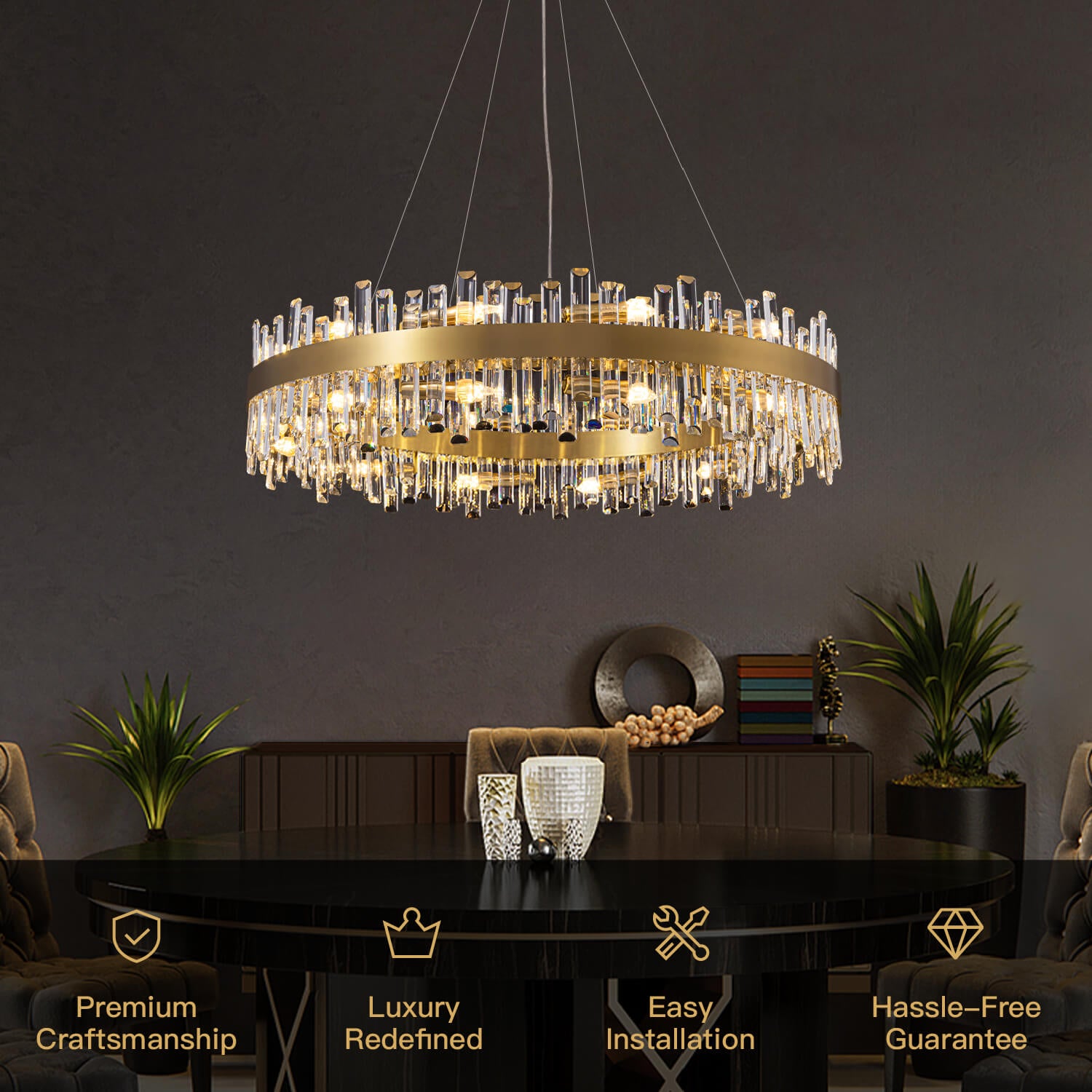 Aurum Modern Luxury Gold Brass Crystal Round Chandelier for