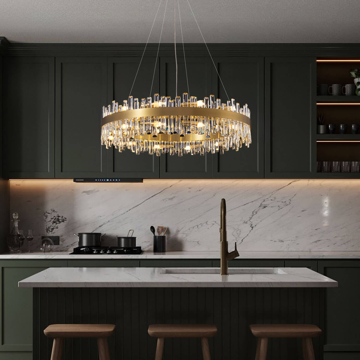 Aurum Modern Luxury Gold Brass Crystal Round Chandelier for
