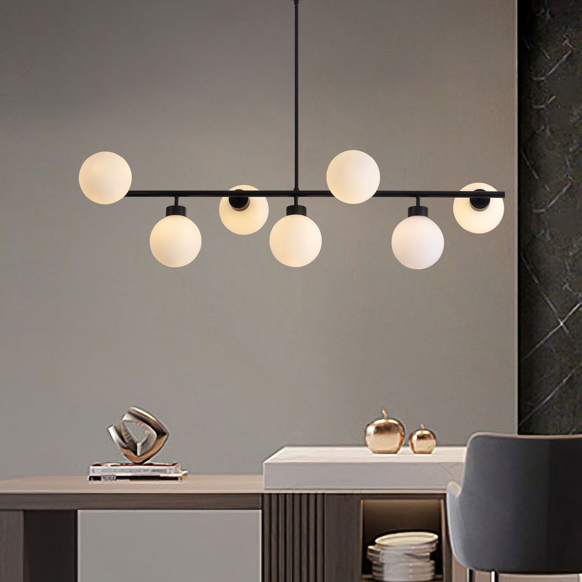 Modern Linear Black Chandelier Pendant Light with Milk Glass Globes for ...