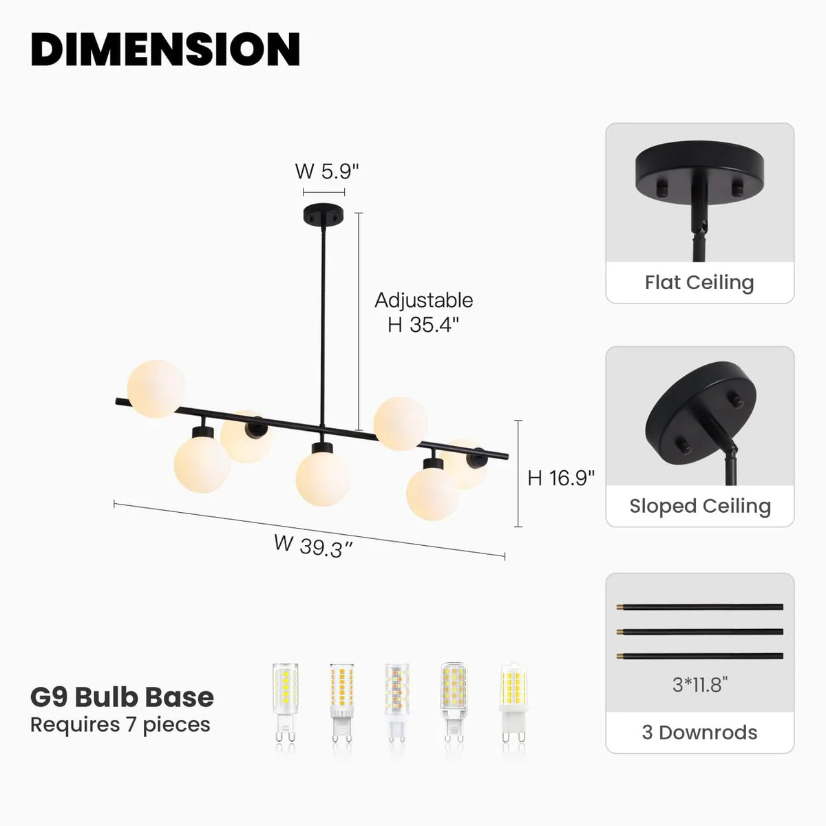 Contemporary Linear Black Chandelier with Milk Glass Globes-Sofary Lighting