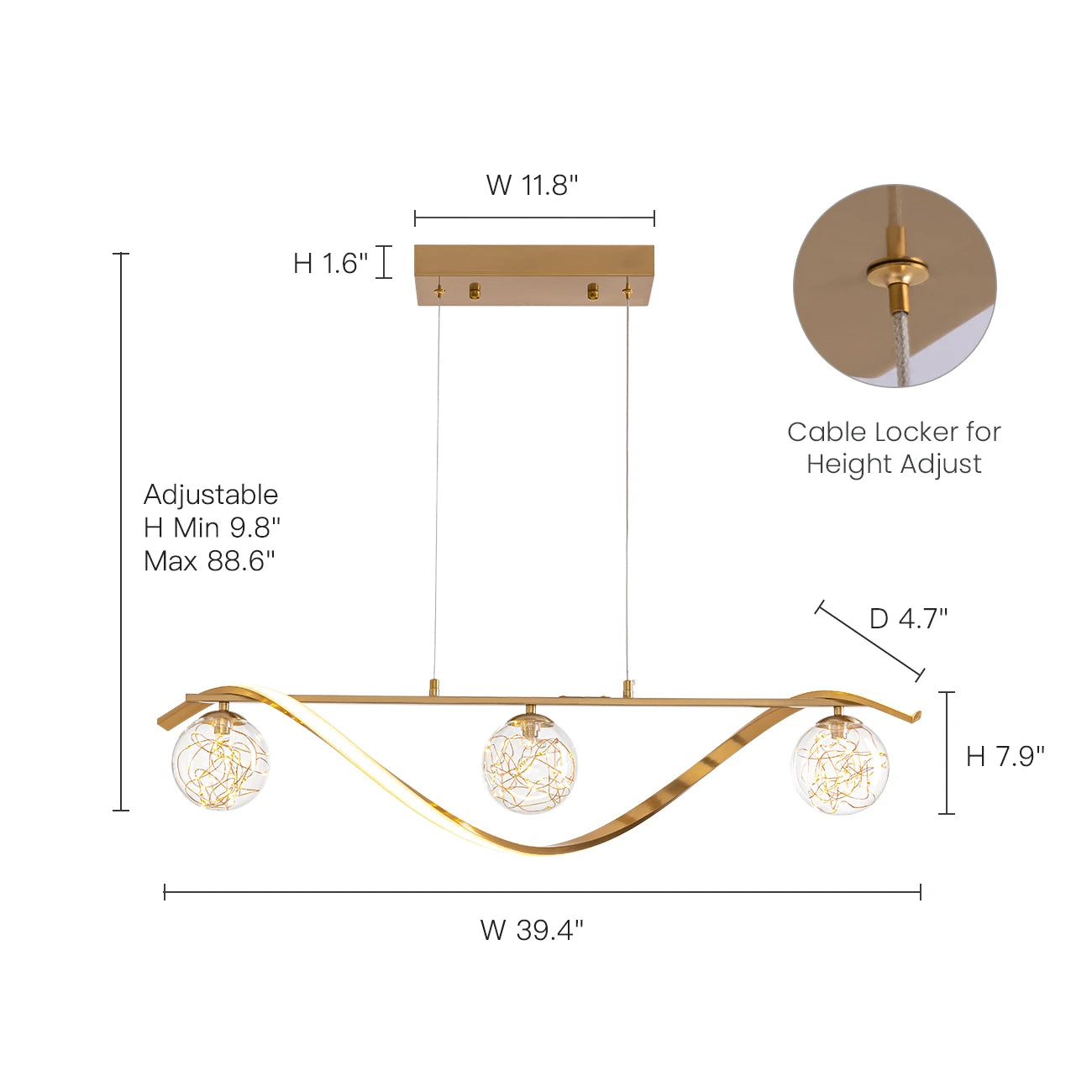 Linear LED Pendant Chandelier in Gold with Glass Globe Shade-Sofary Lighting