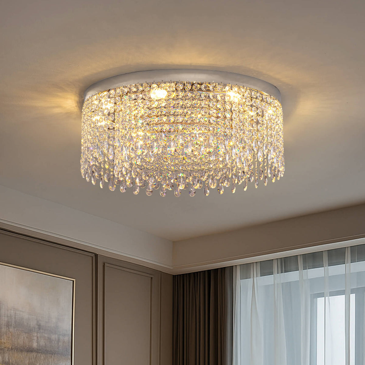 Celeste Luxury Gold Crystal Round Flush Mount Chandelier | Sofary