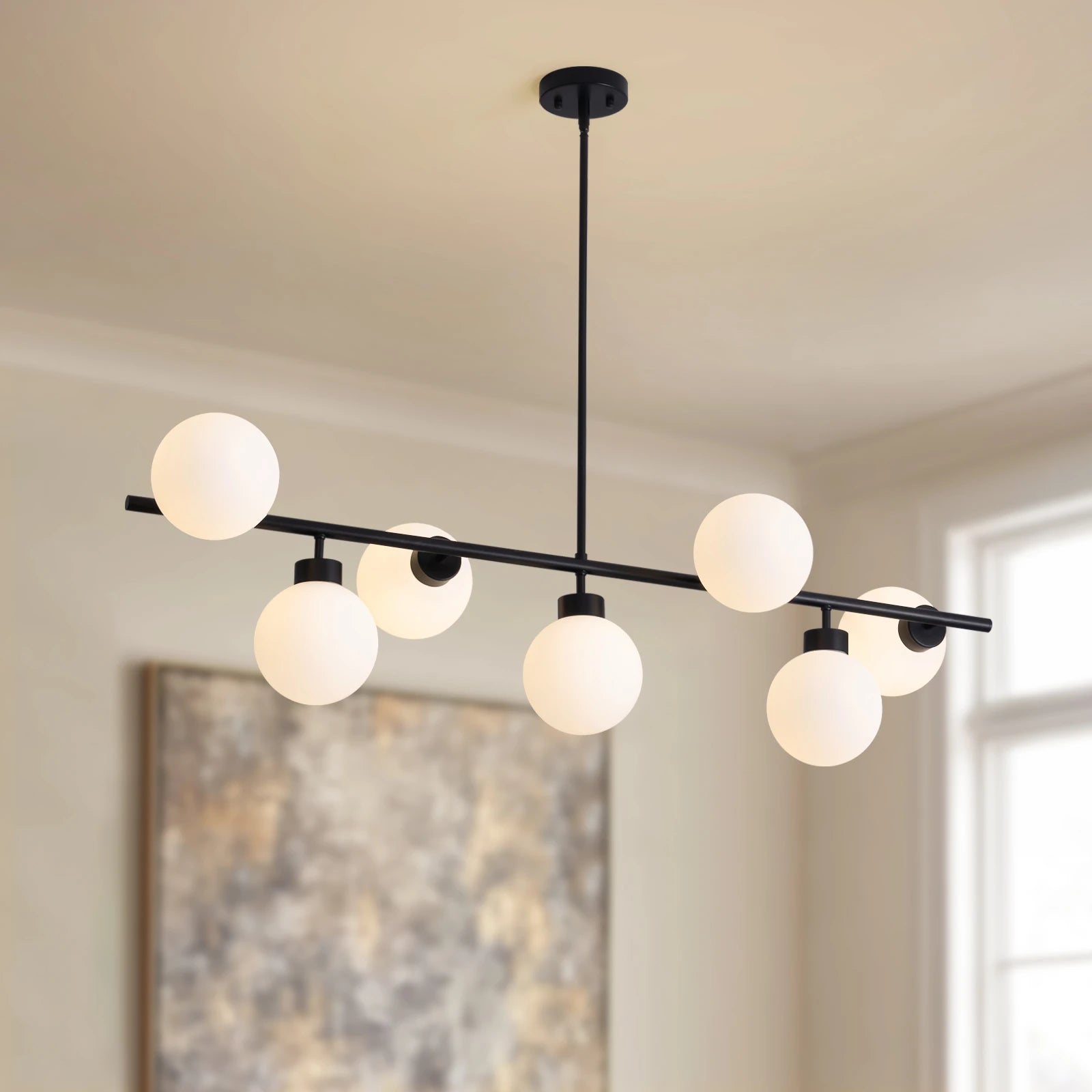 Modern Linear Black Chandelier with Milk Glass Globes - Sofary Lighting