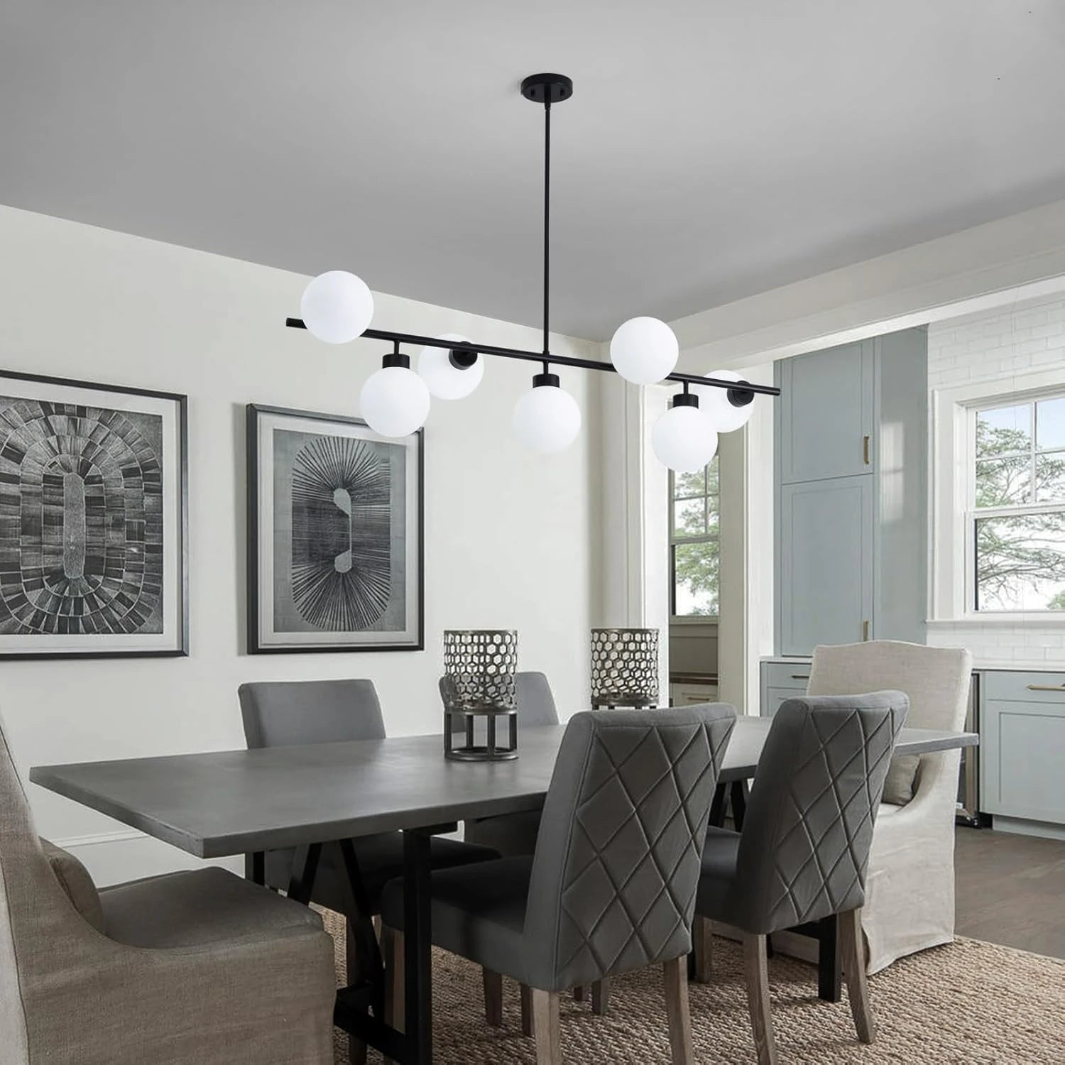 Modern Linear Black Chandelier with Milk Glass Globes - Sofary Lighting