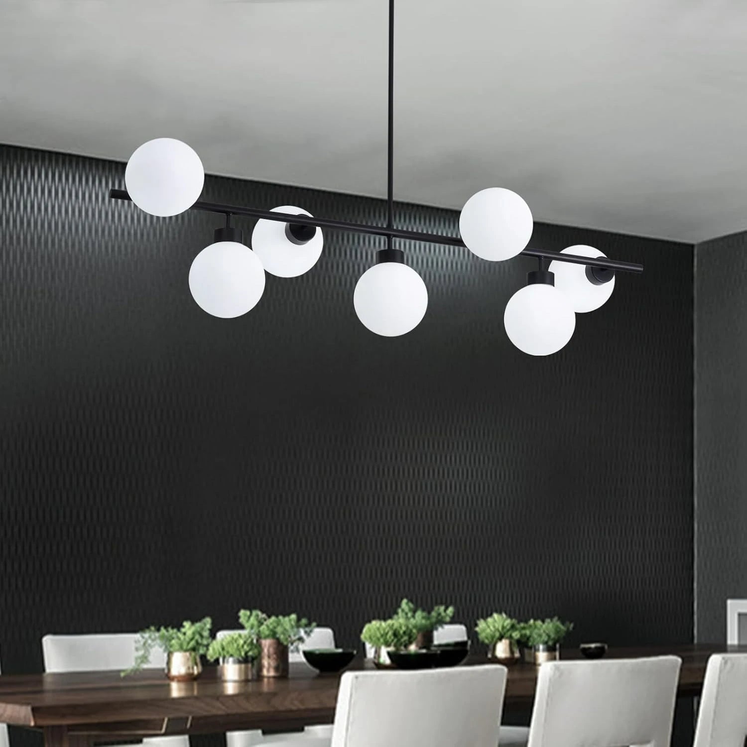 Modern Linear Black Chandelier with Milk Glass Globes - Sofary Lighting