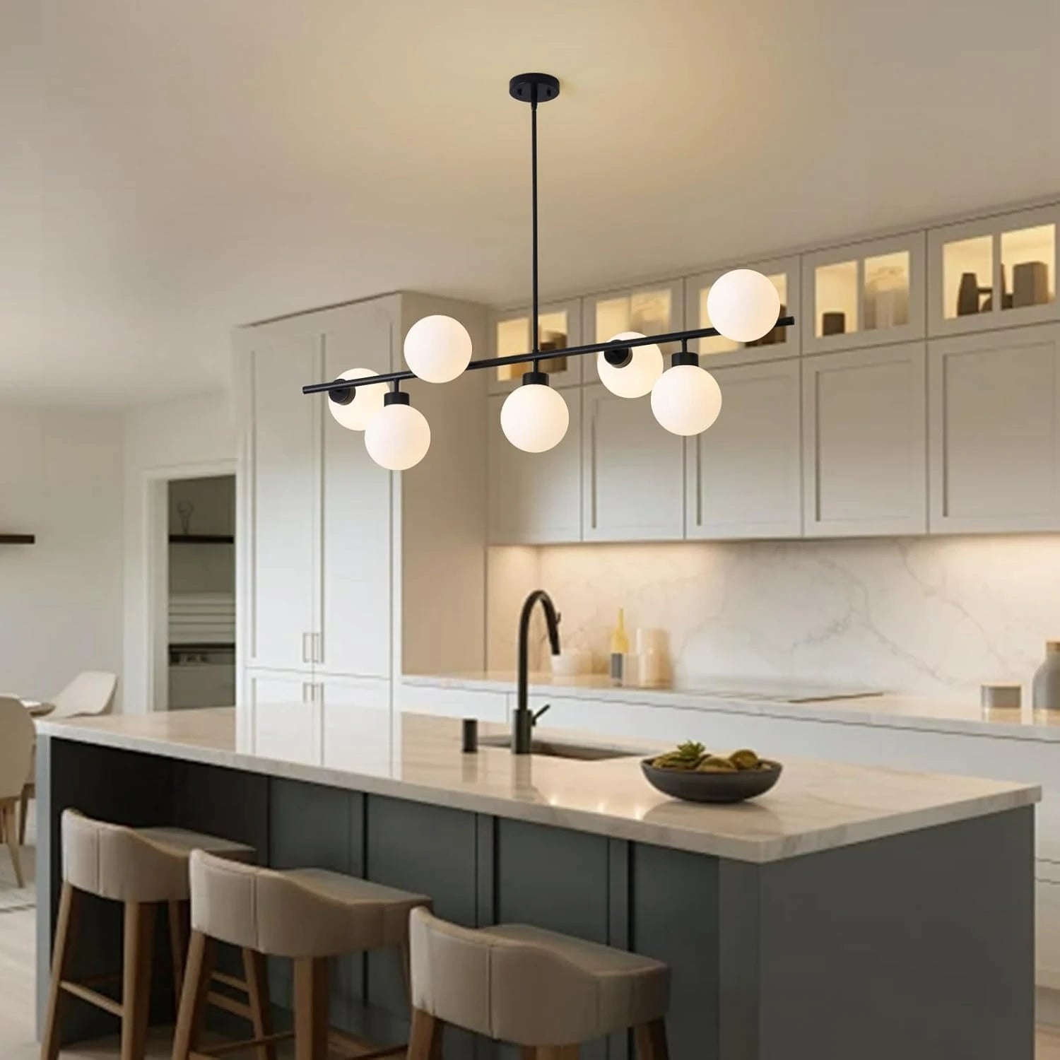 Modern Linear Black Chandelier with Milk Glass Globes - Sofary Lighting