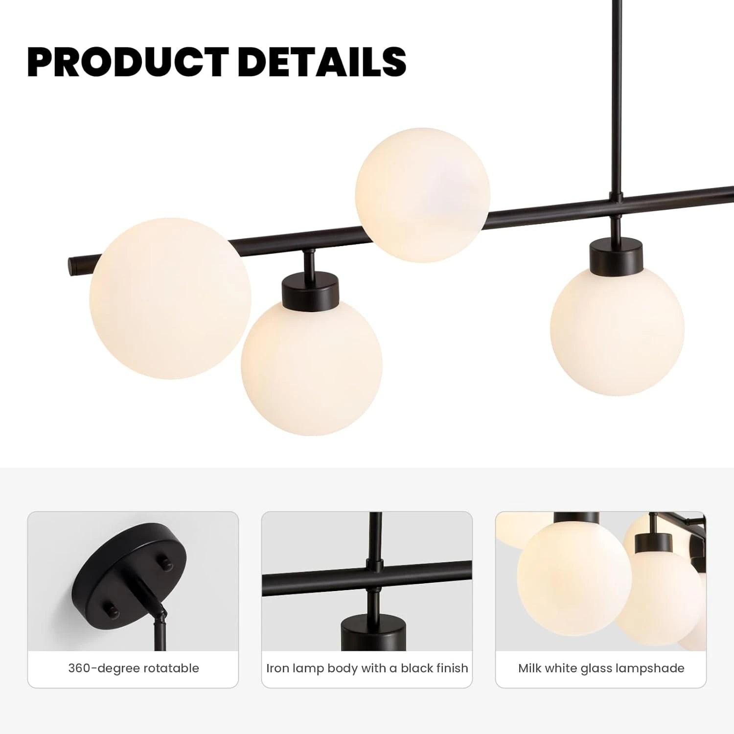 Modern Linear Black Chandelier with Milk Glass Globes - Sofary Lighting