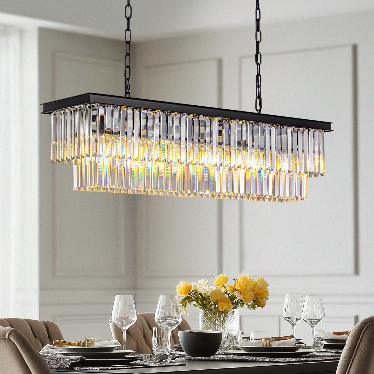 Vintage Rectangular Crystal Chandelier Light Fixtures for Dining
