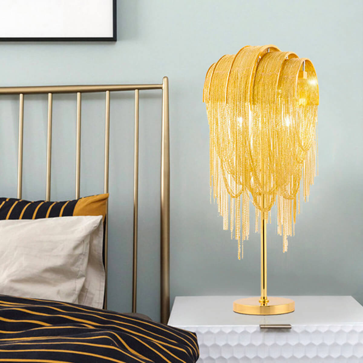 Nordic-postmodern-bedroom-tassel-aluminum-chain-table-lamp-Bedside | Sofary