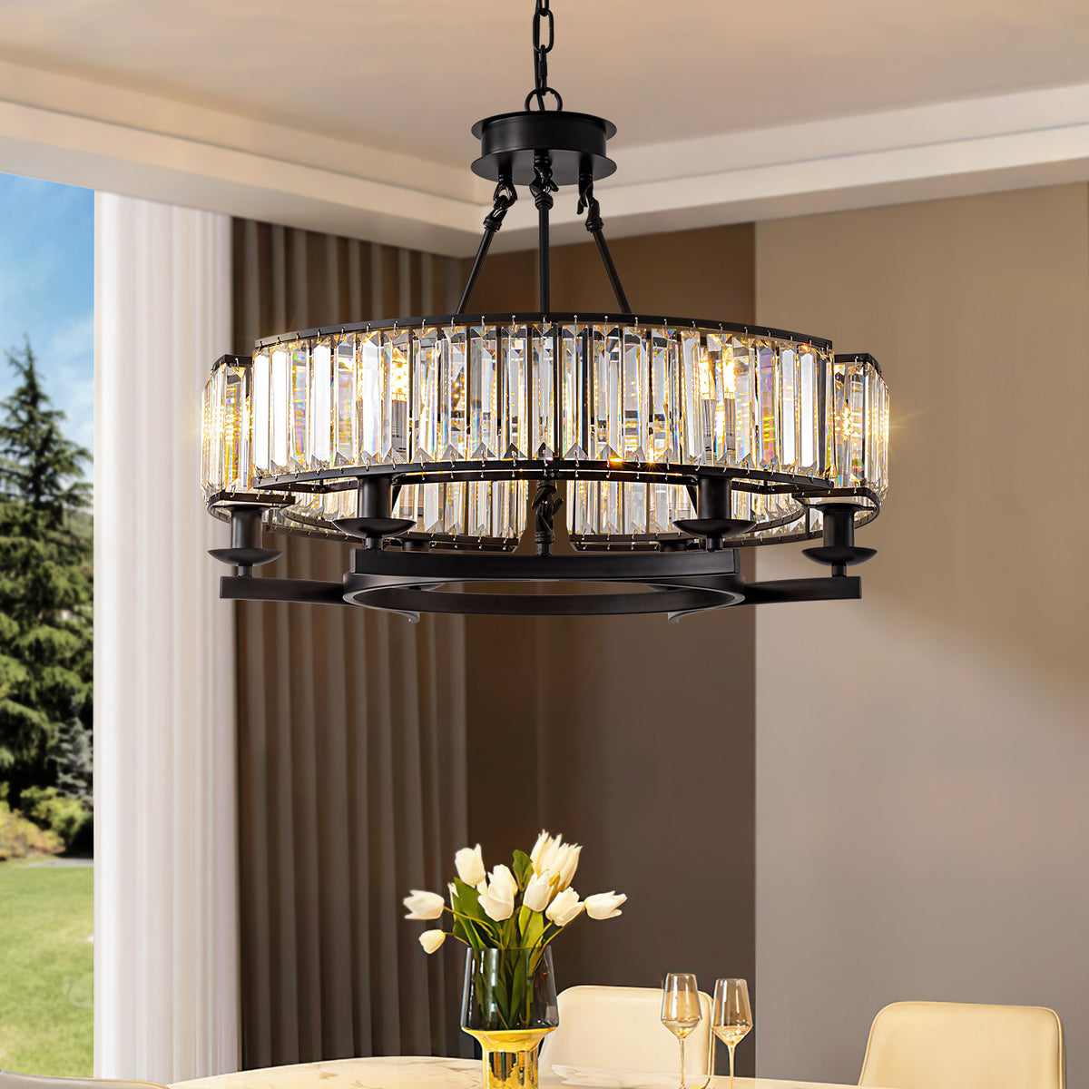 Round Modern Rustic Farmhouse Crystal Chandelier - Pendant Light ...