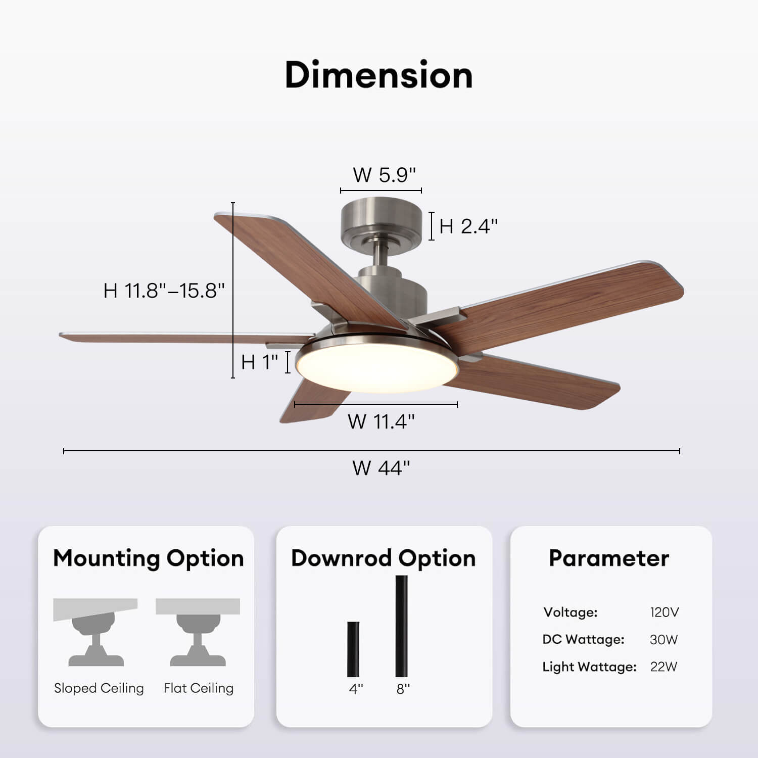 Vero 44" Modern LED Ceiling Fan with Lights & Remote